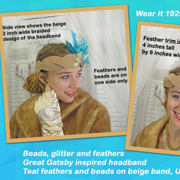 Great Gatsby inspired headband, Beads, glitter and feathers 1920's Flapper style - Picture 5 of 12